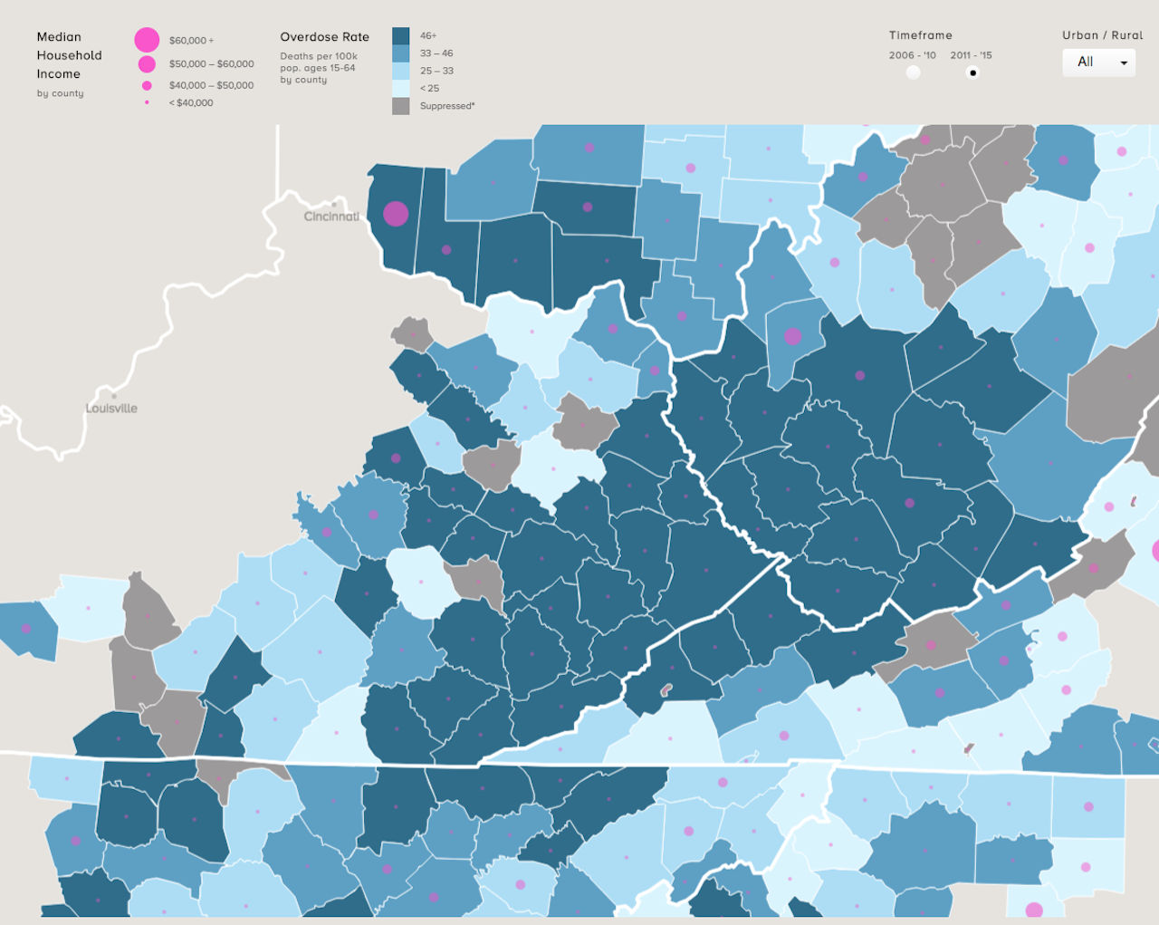 In Appalachia, counties with higher median household incomes have been less affected by overdoses.