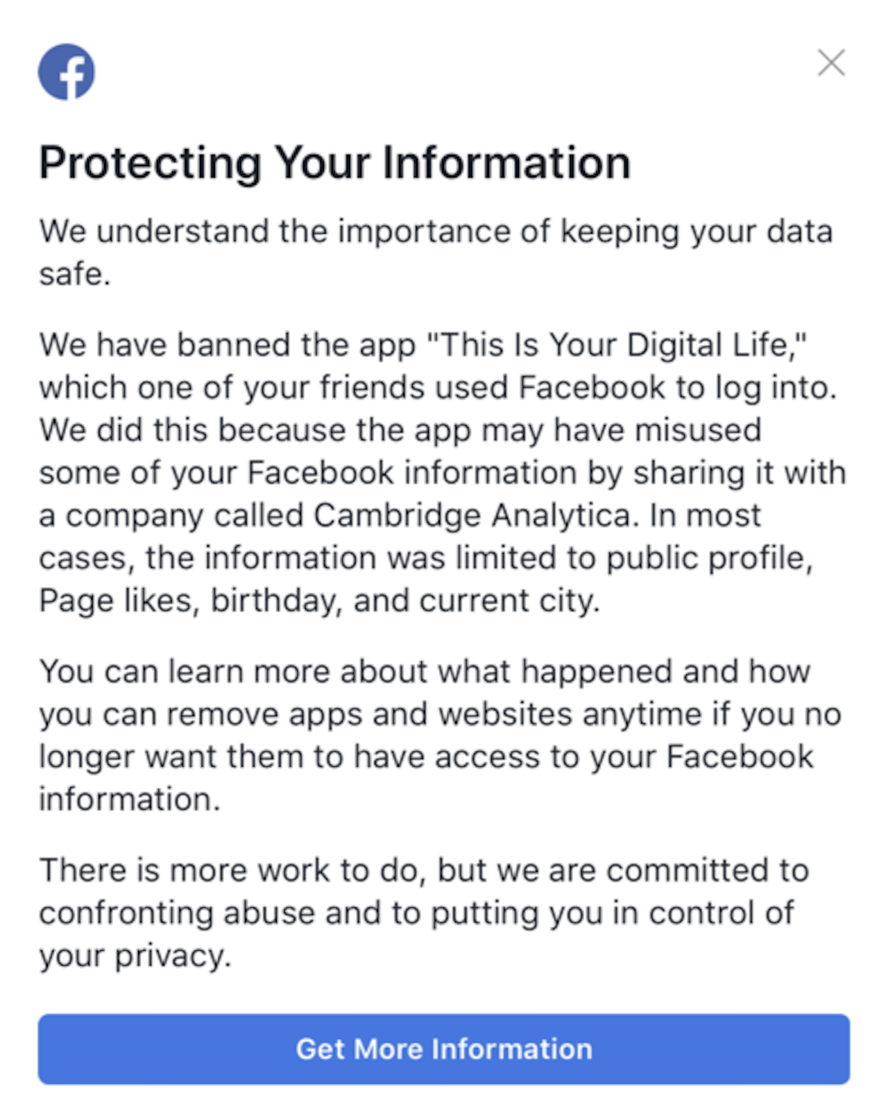 Facebook's data breach notification.