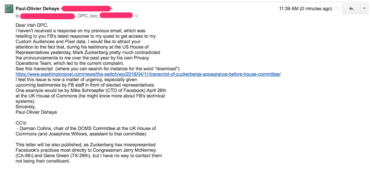 Email Dehaye sent to the Irish DPC.
