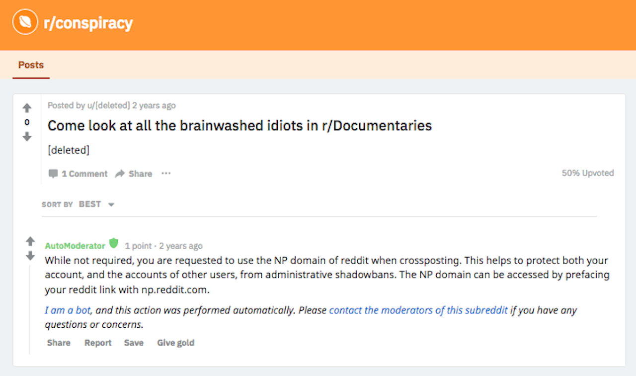 A deleted post from /r/Conspiracy, which once contained a cross-link to /r/Documentaries.