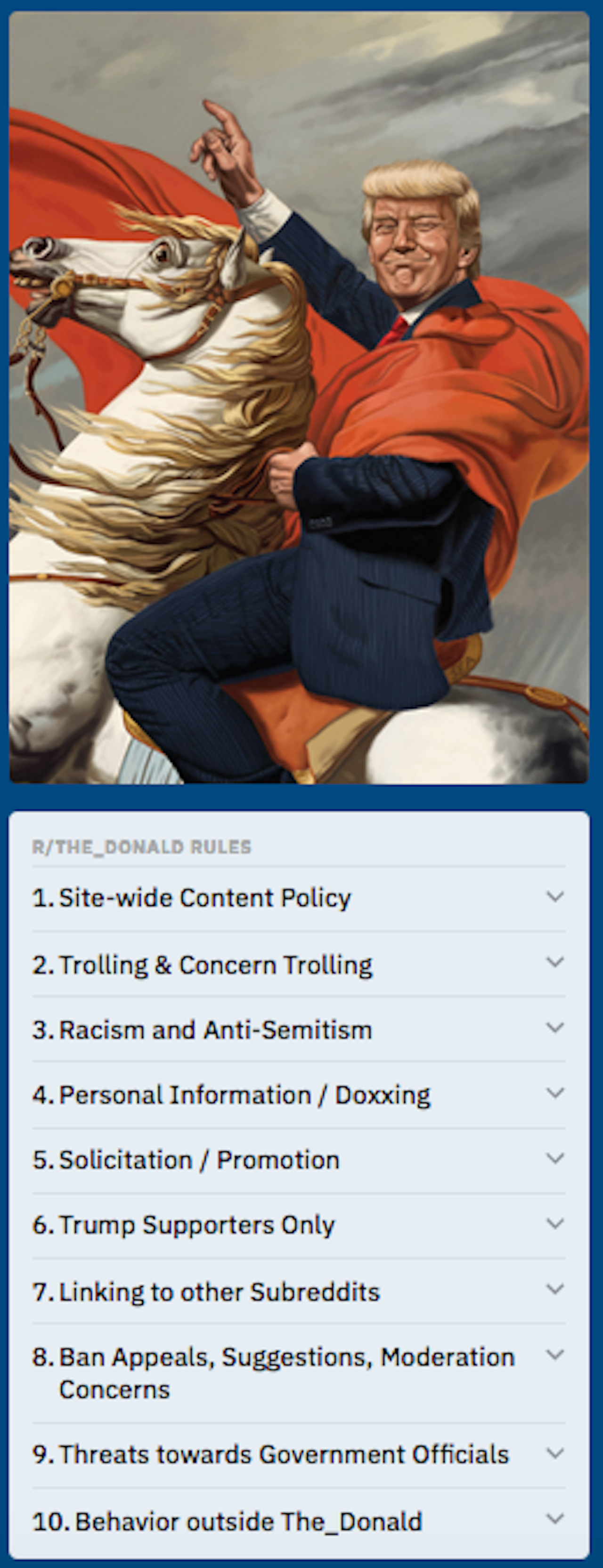 The rules for /r/The_Donald include clauses about cross-linking and harassment.