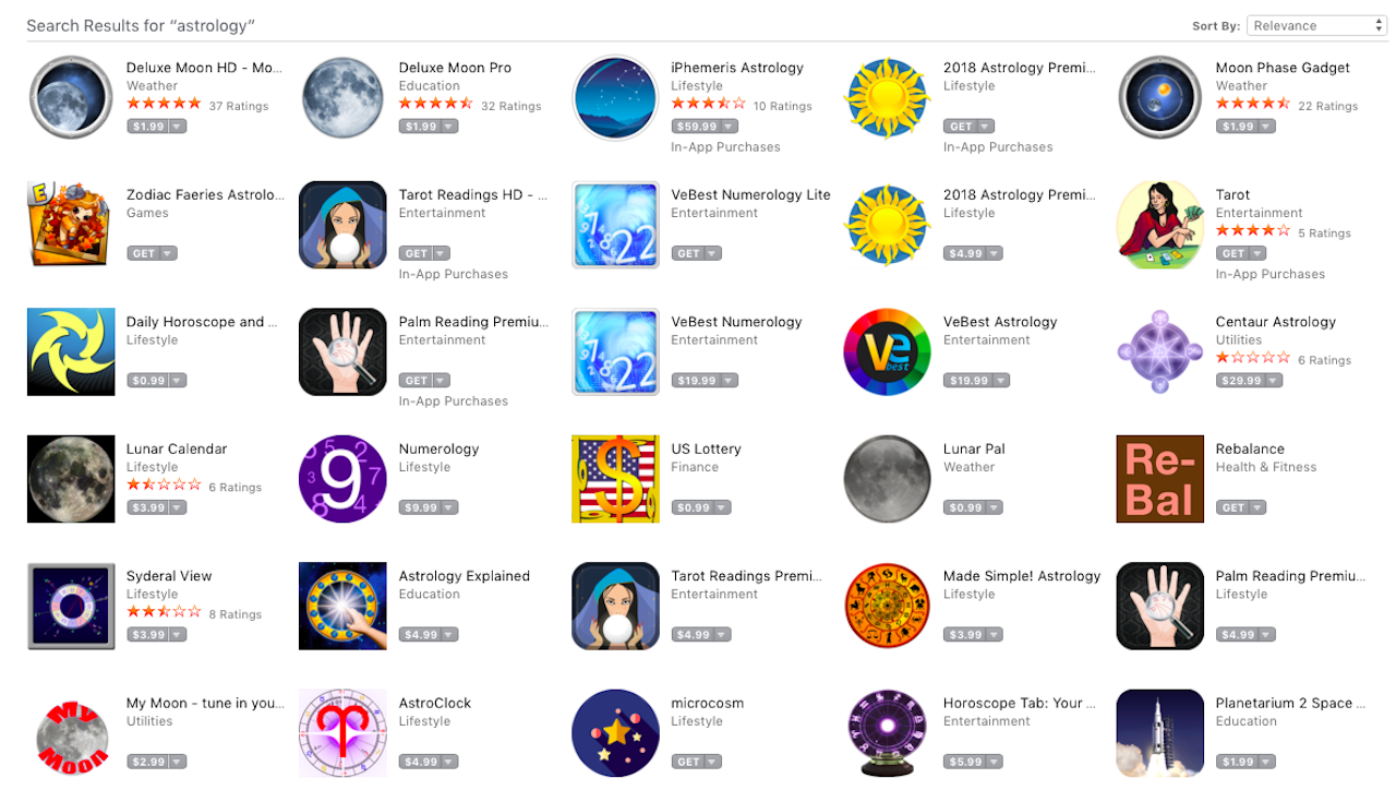A selection of the dozens of astrology apps available in the iOS App Store.