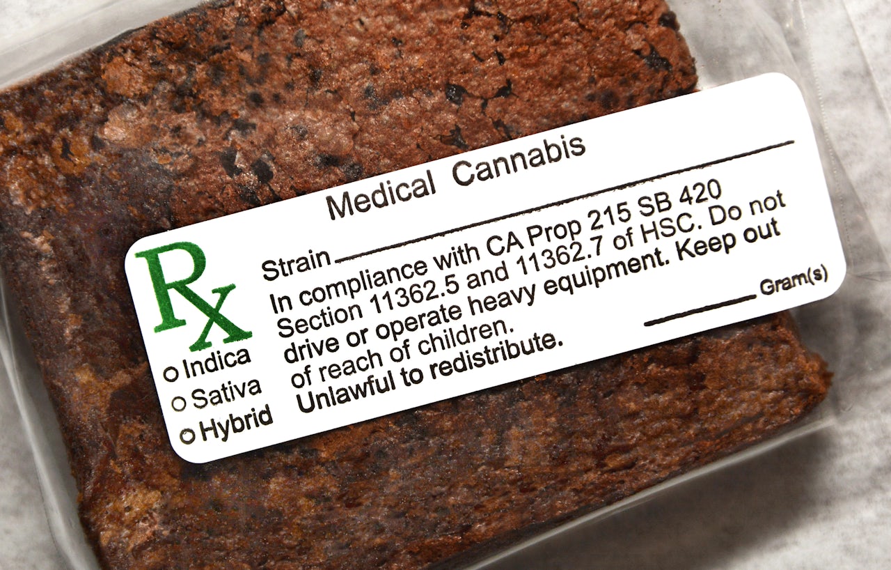 An edible medical marijuana brownie with a label meant to list strain information in 2016.