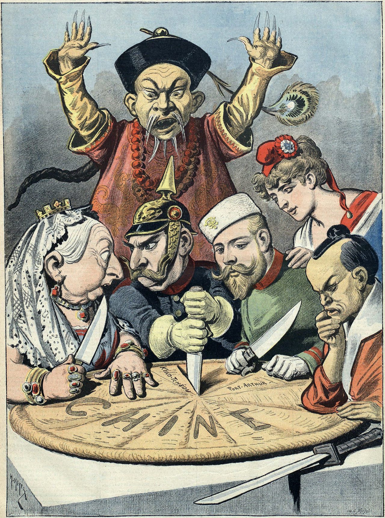 A typical yellow face caricature found in a political cartoon from 1898, in which the countries of the world prepare to divide China.