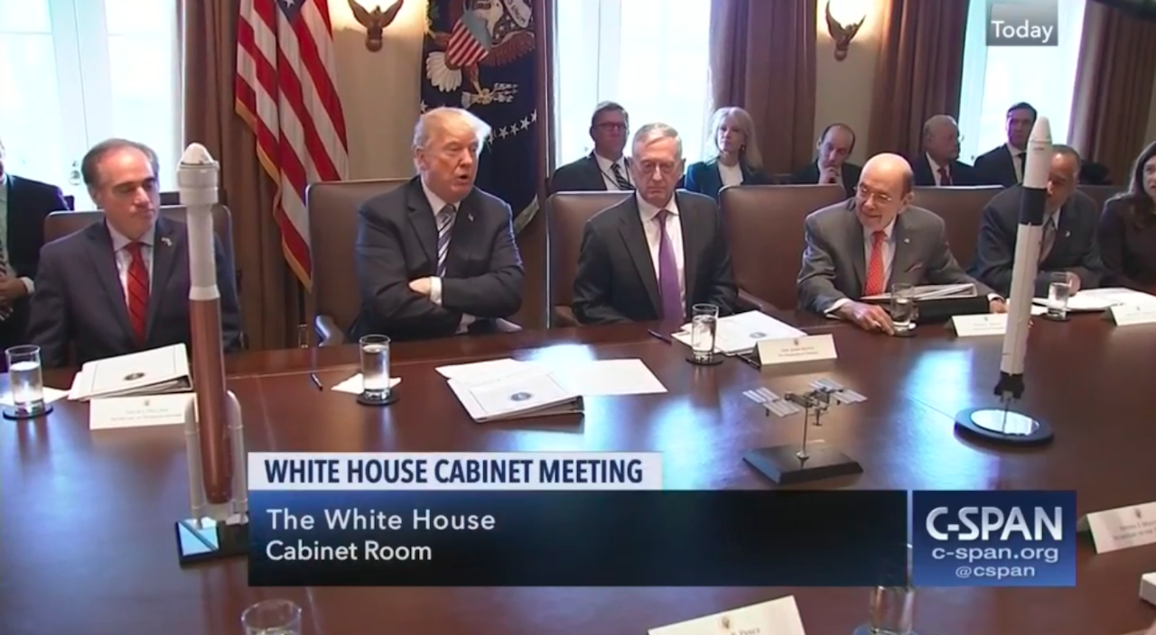 President Trump claiming that two rocket ships and a satellite are actually three rocket ships.