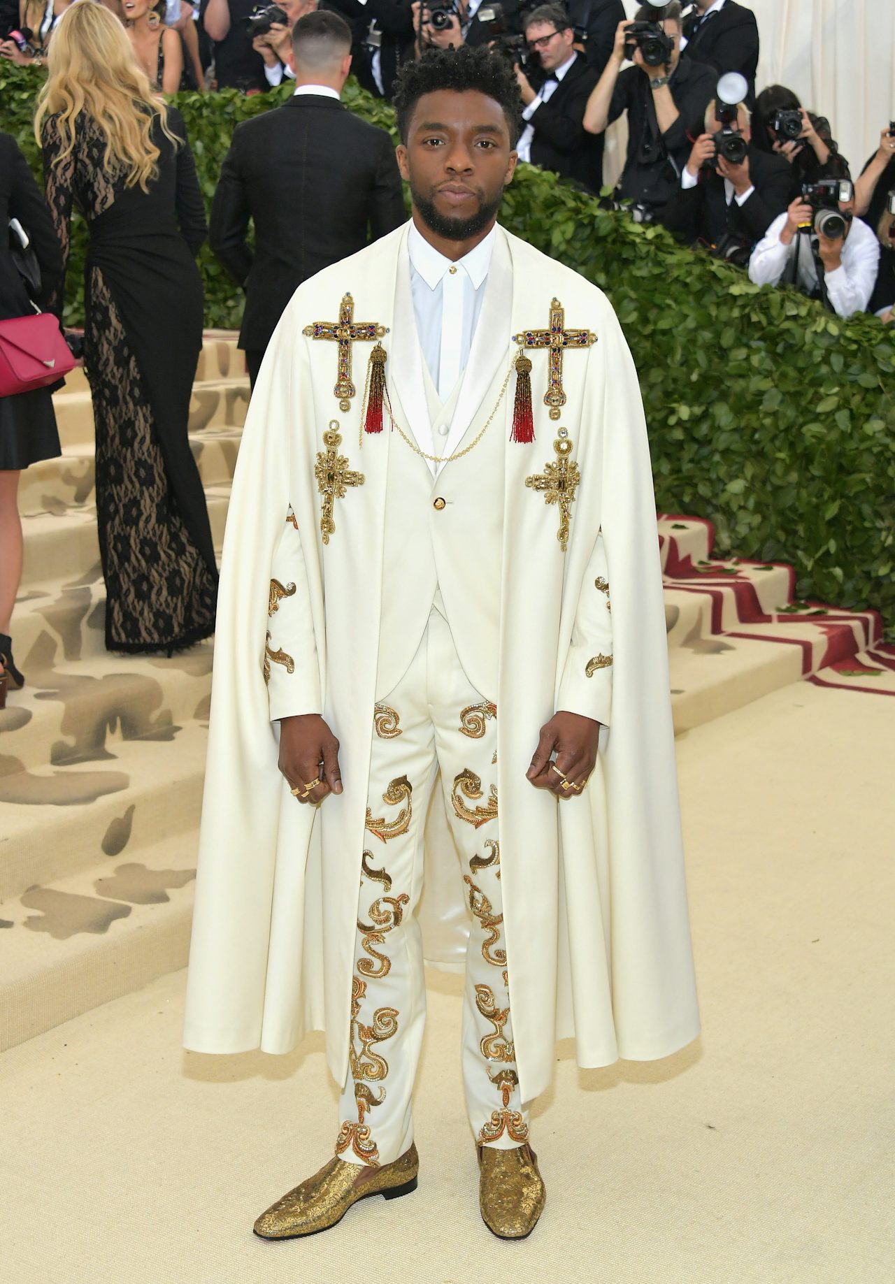 Chadwick Boseman with a papal-inspired look.