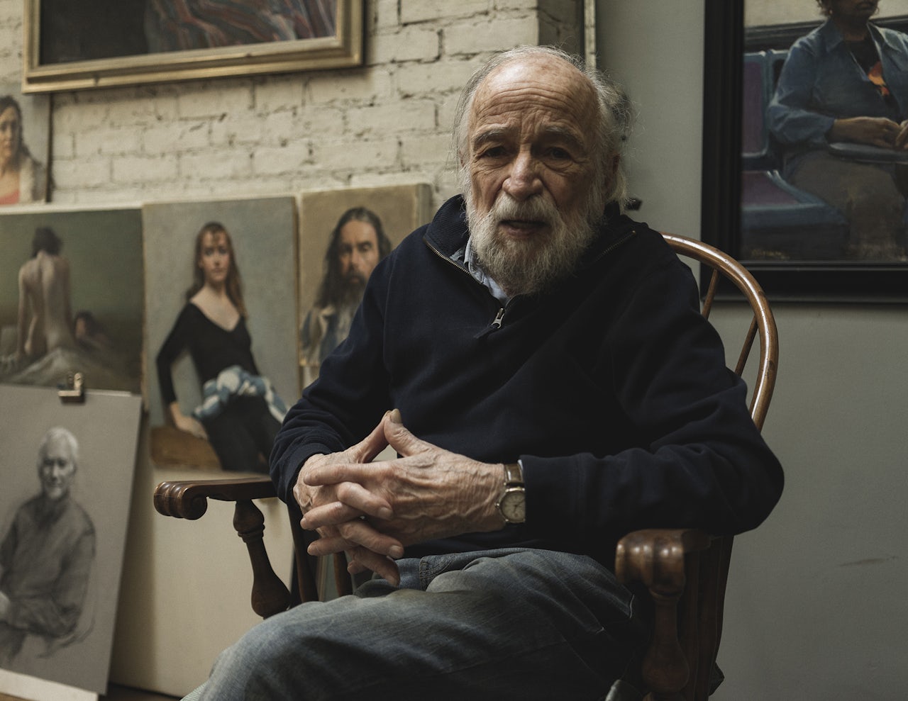 Burton Silverman, photographed in his studio in 2018.