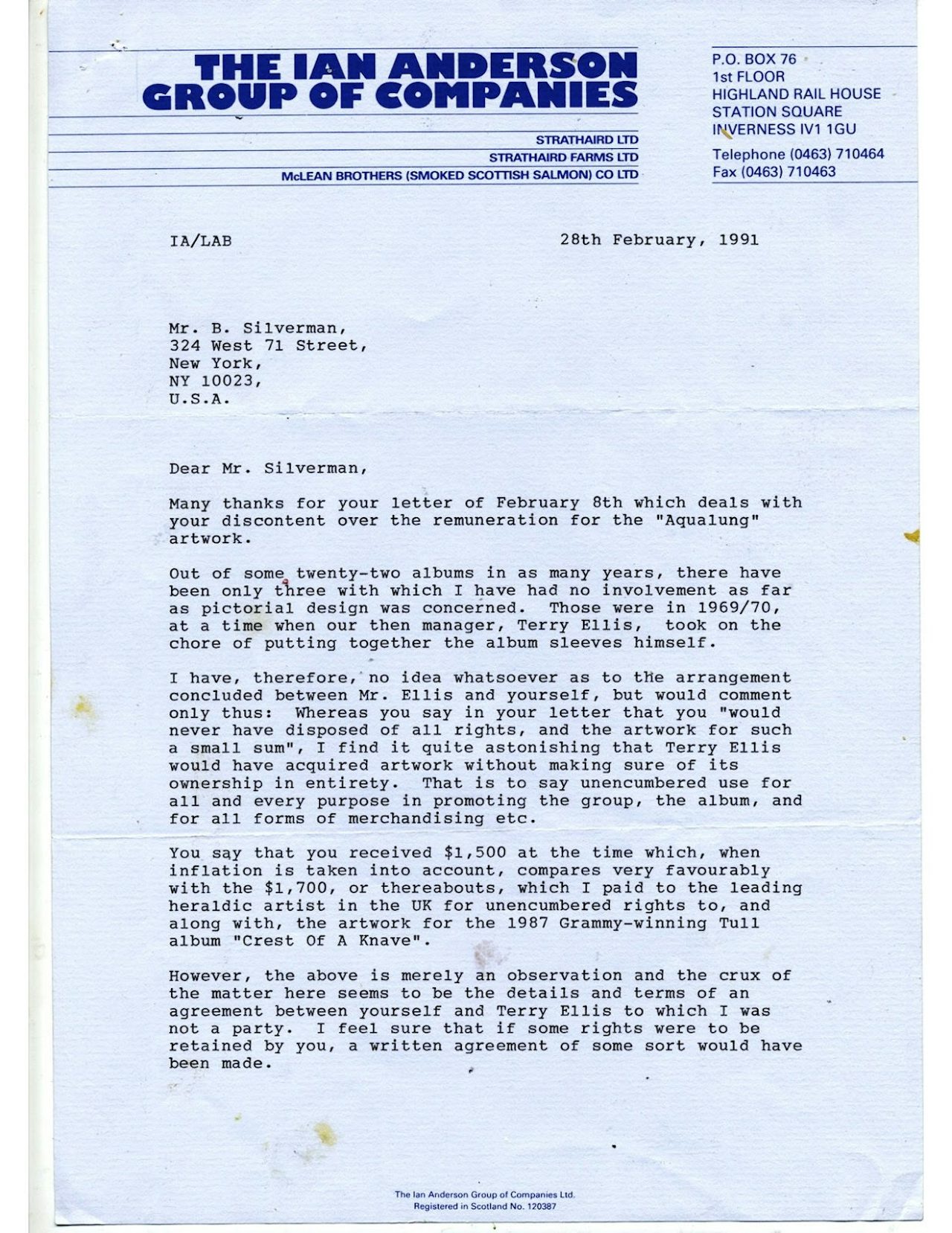 Letter from Jethro Tull’s Ian Anderson to Burton Silverman.