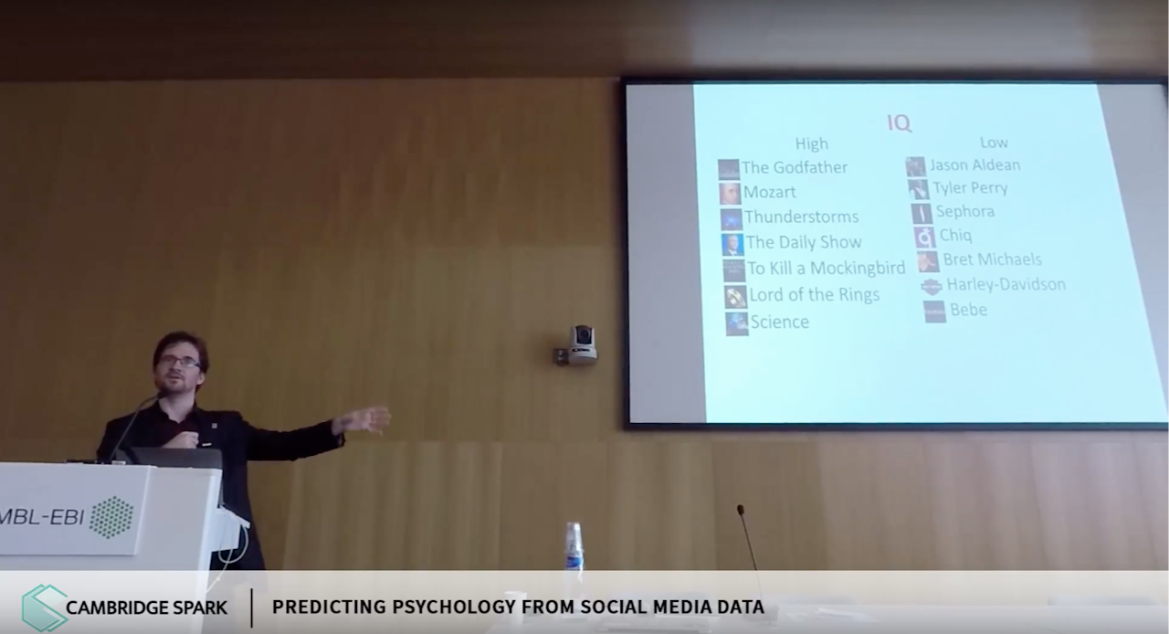 Researcher David Stillwell presenting at the Cambridge Data Science Summit in June 2017 about deriving conclusions about a person’s IQ from their Facebook likes.
