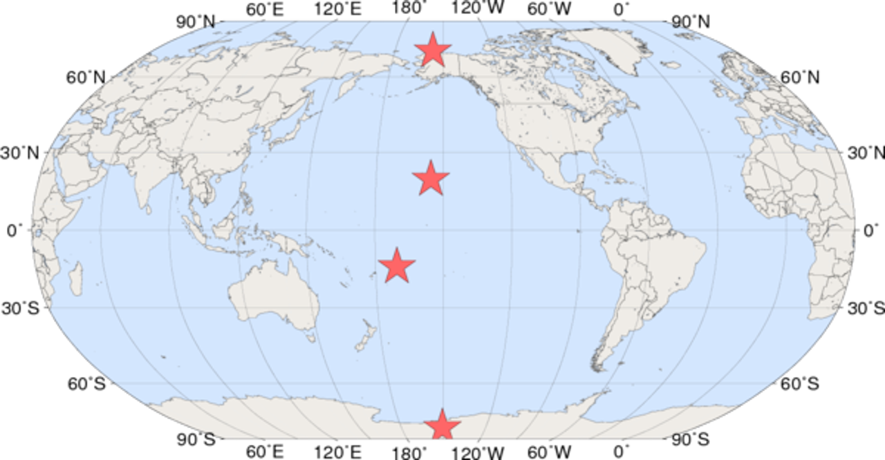 NOAA has global monitoring observatories in Alaska, Hawaii, American Samoa, and Antarctica.