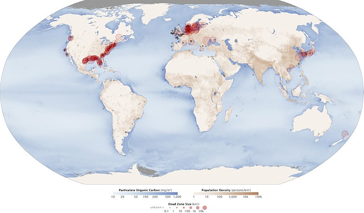 A map of the most vulnerable area to hypoxia around the world, as indicated by the red circles.
