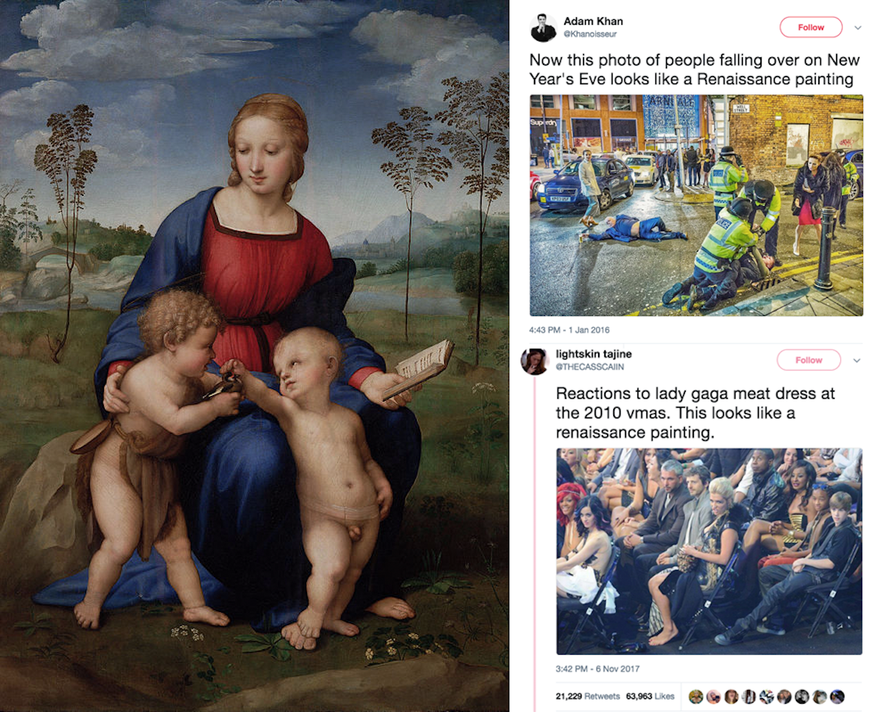 Madonna of the Goldfinch is a Renaissance painting. The other two are just rad photos.