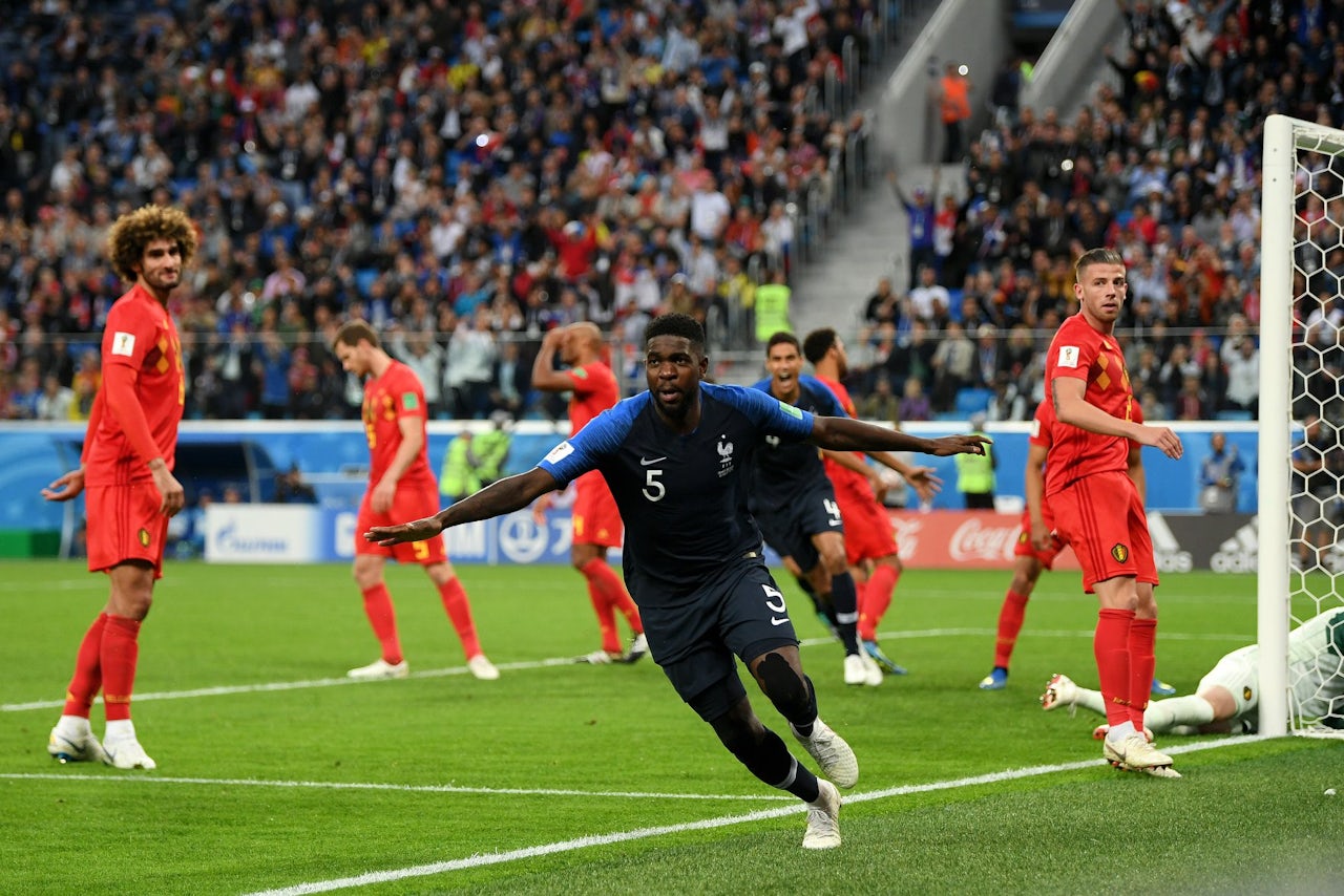 France's Samuel Umtiti celebrates a goal against Belgium.