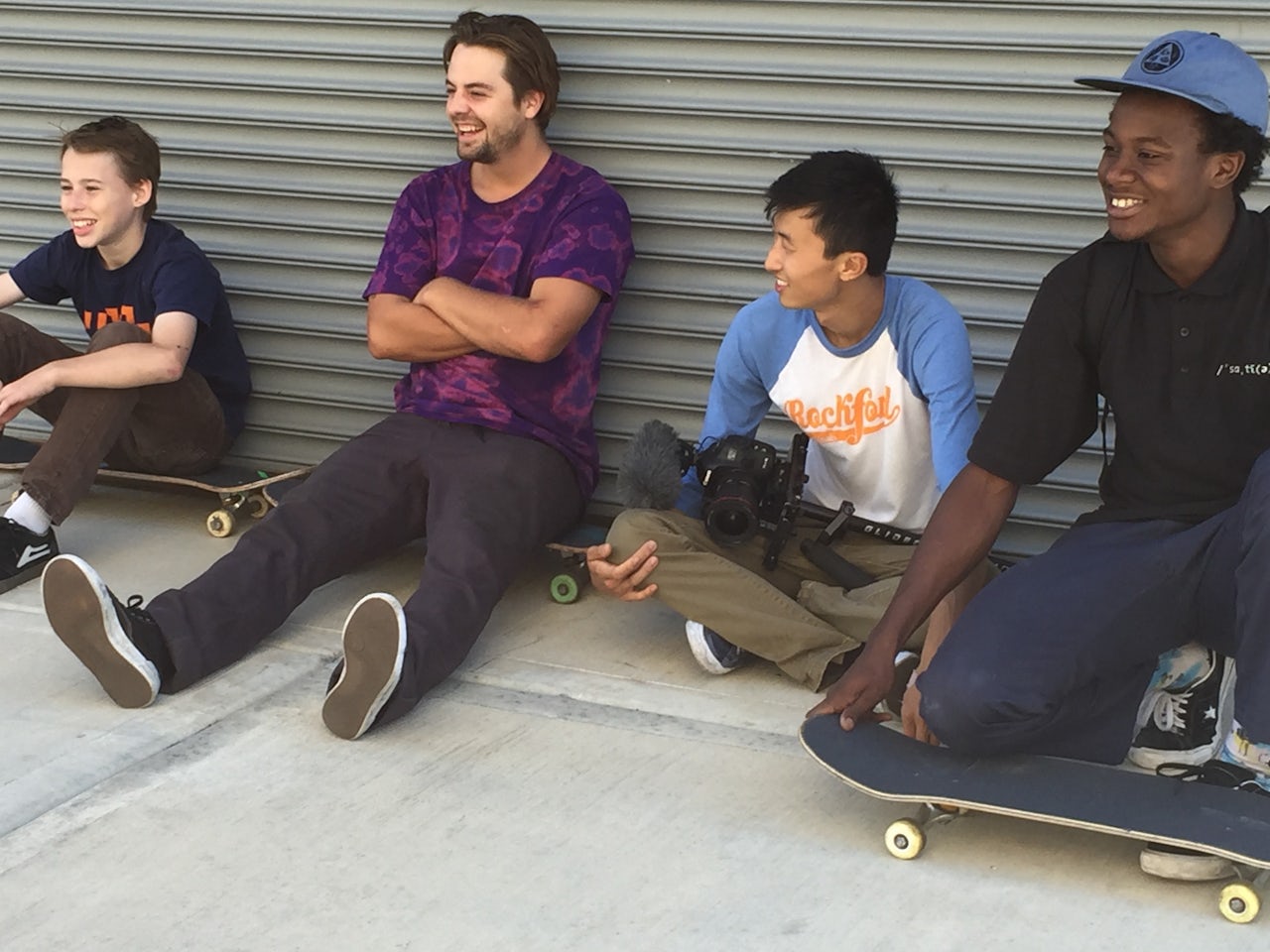 An unnamed friend, Zack, Liu, and Kiere behind the scenes of 'Minding the Gap'.