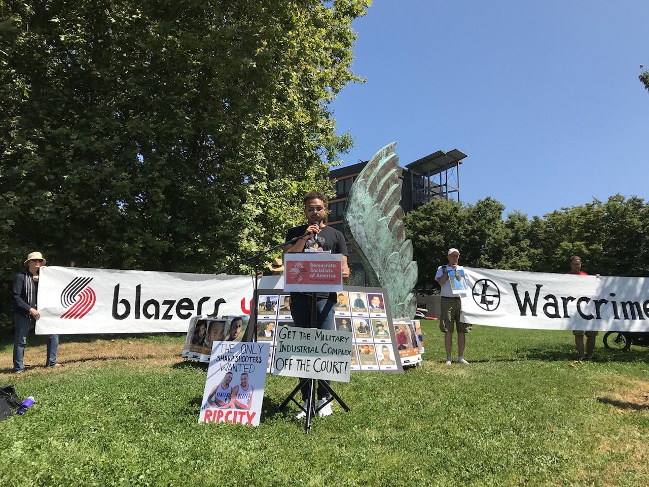 Gregory McKelvey, an organizer for Portland Resistance, sports a Colin Kaepernick t-shirt while addressing the crowd.