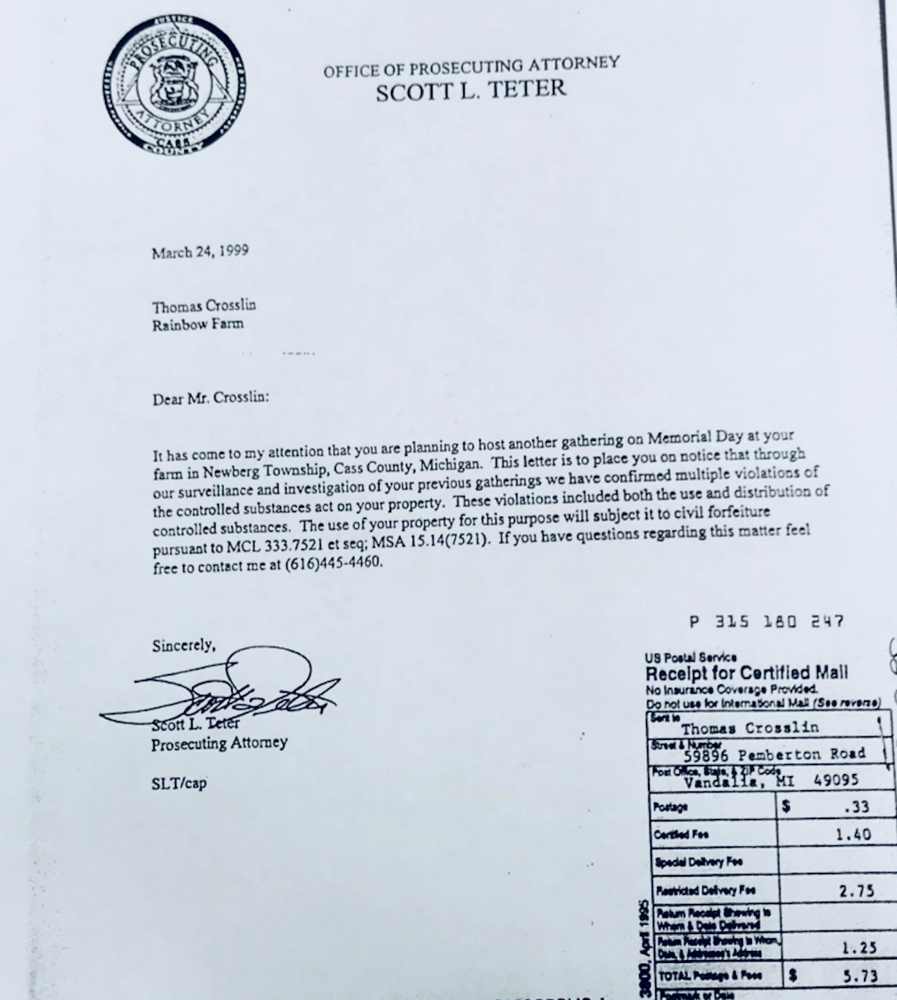 The March letter from Scott Teter to Tom Crosslin.