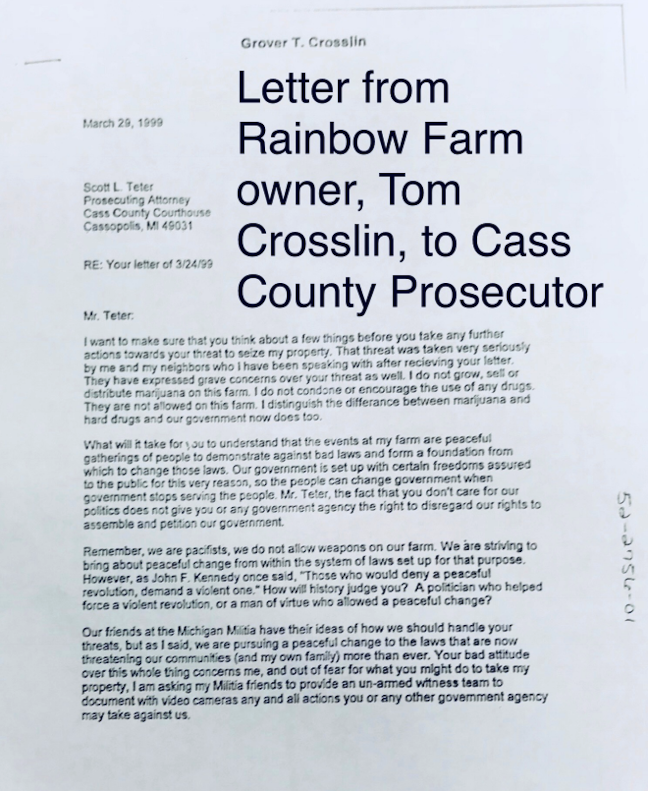 Letter from Tom (Grover) Crosslin to Scott Teter.