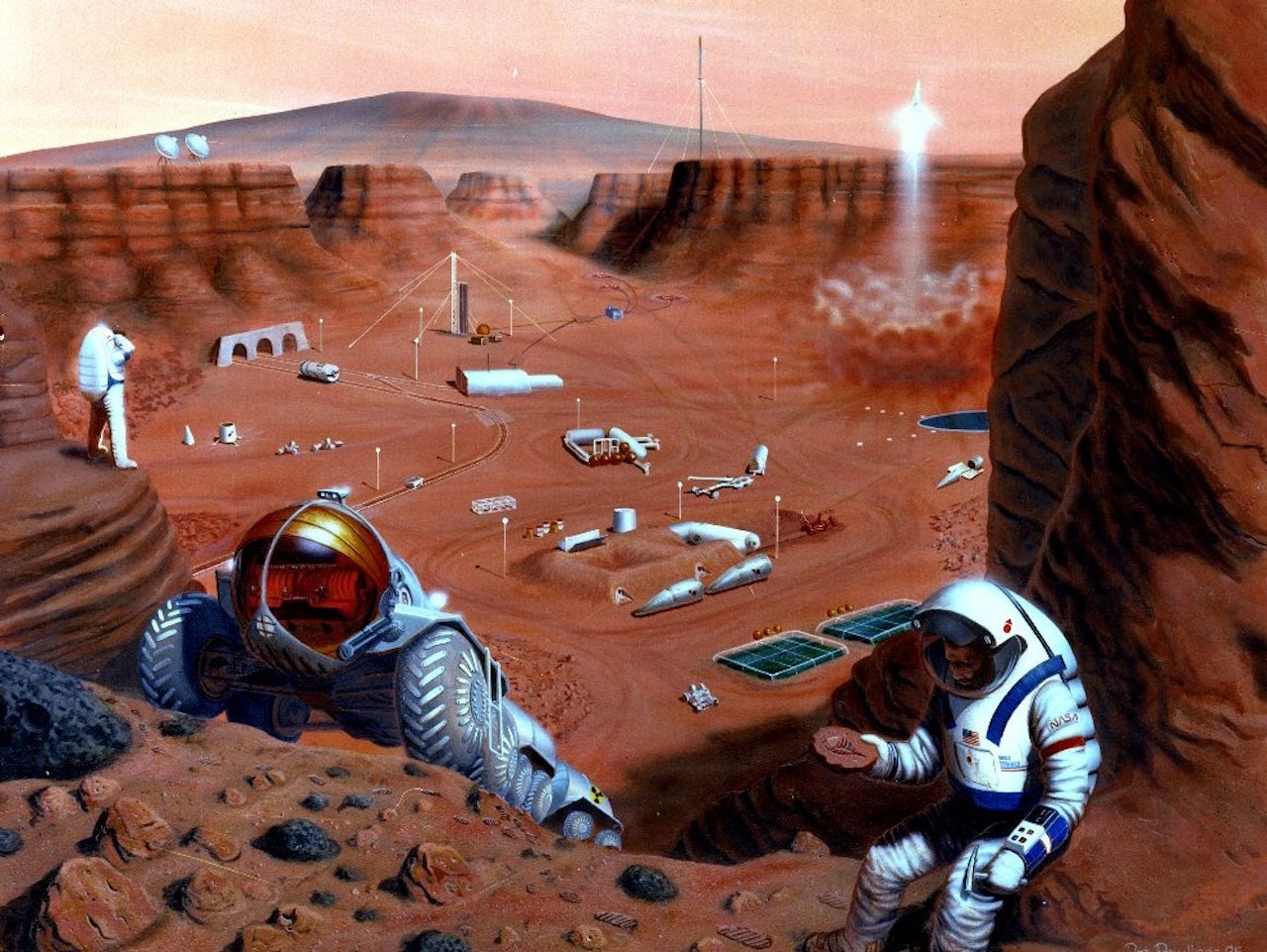 Conceptual art of a manned exploration of Mars.