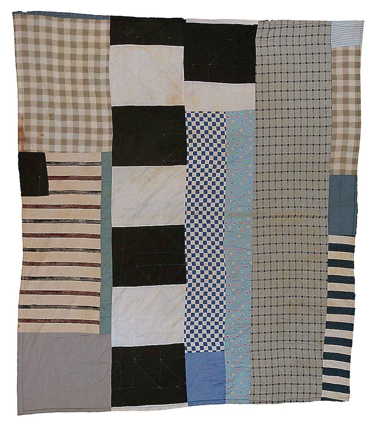 Pettway, Allie (1916-2010). Two-sided quilt “Pinwheel” variation, and blocks and strips. C. 1975, cotton and cotton/polyester blend, 88 x 80 in.