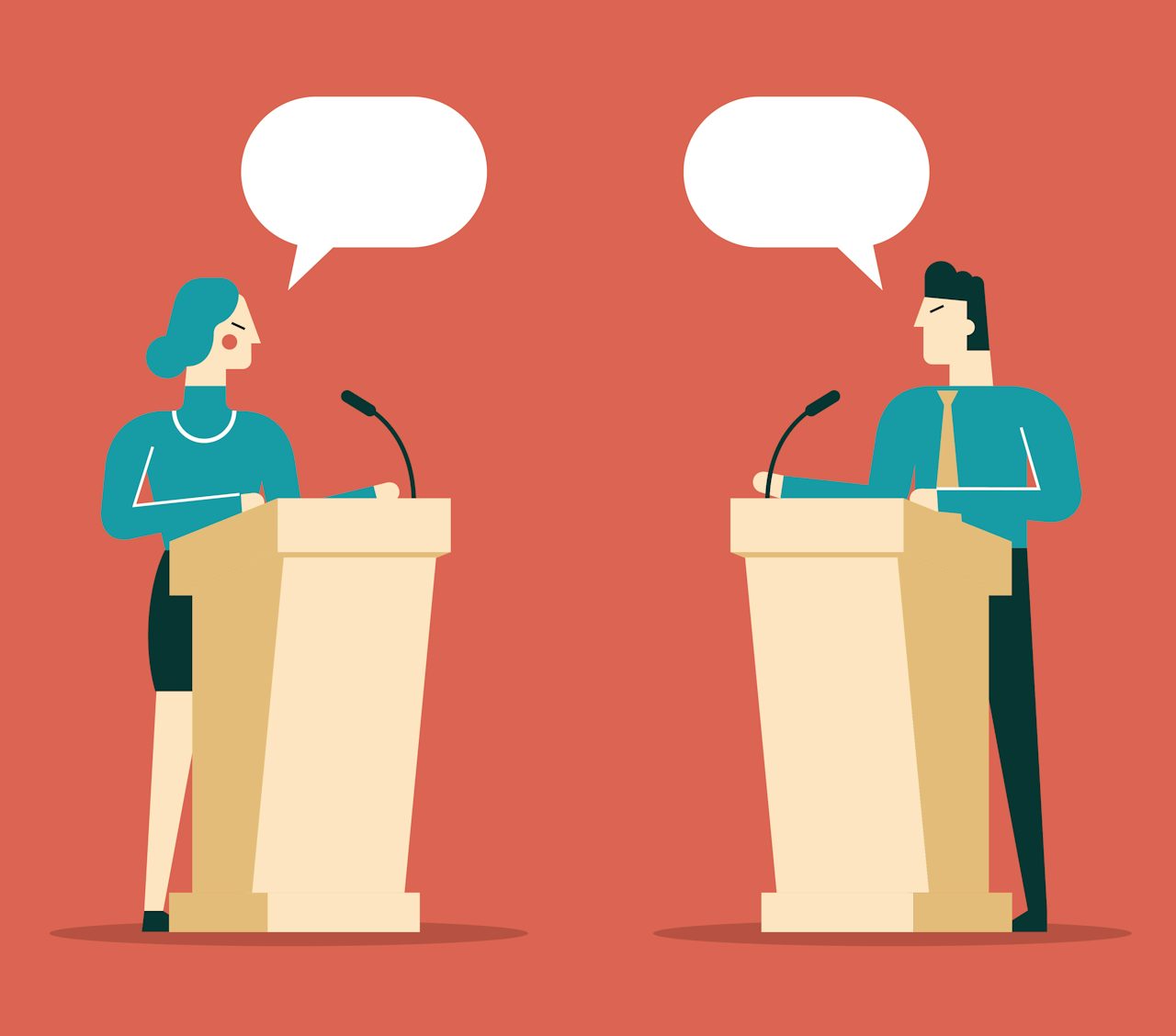 Image with red background depicts two people standing at a podium, one male and one female. They have speech bubbles above their heads. This image is meant to simulate two people debating over a topic.