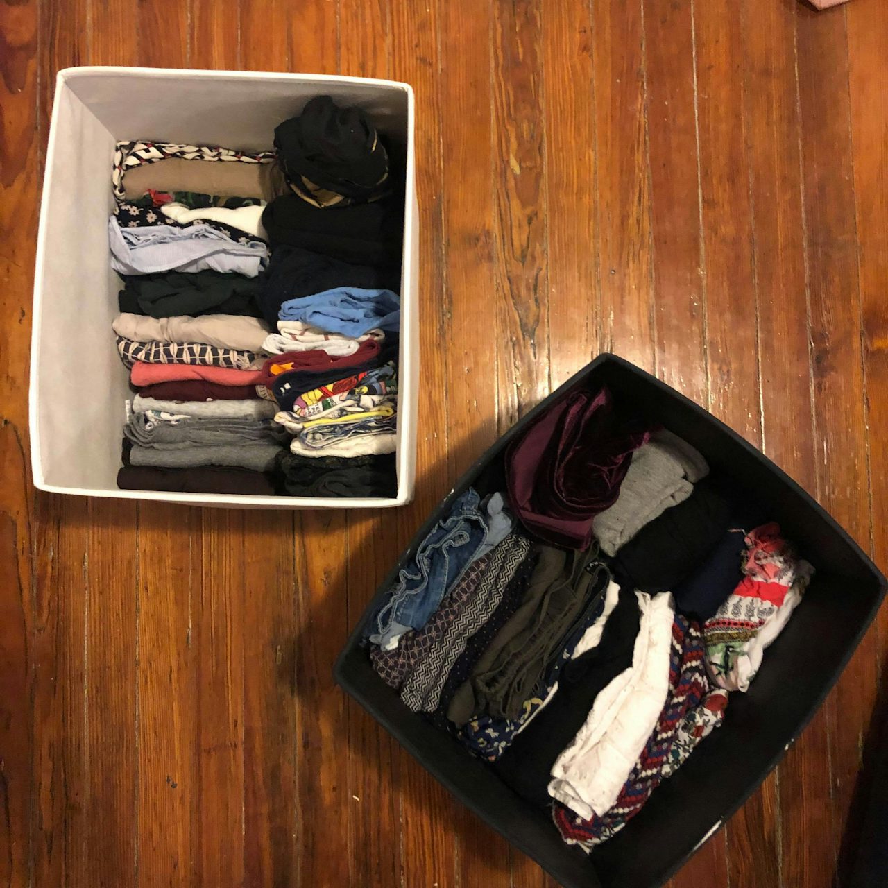 The KonMari method of folding clothes, as displayed here. This is actually 75% of my clothing.