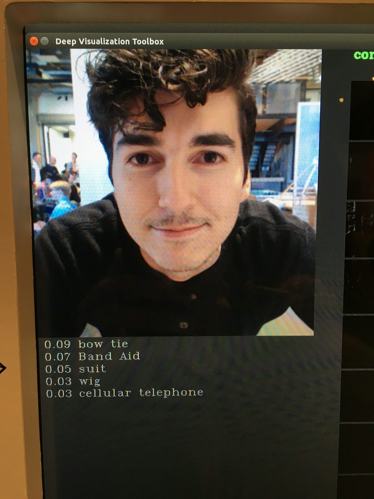 This computer vision system learned an association between bow ties and faces, so it looks at me and recognizes a bow tie.