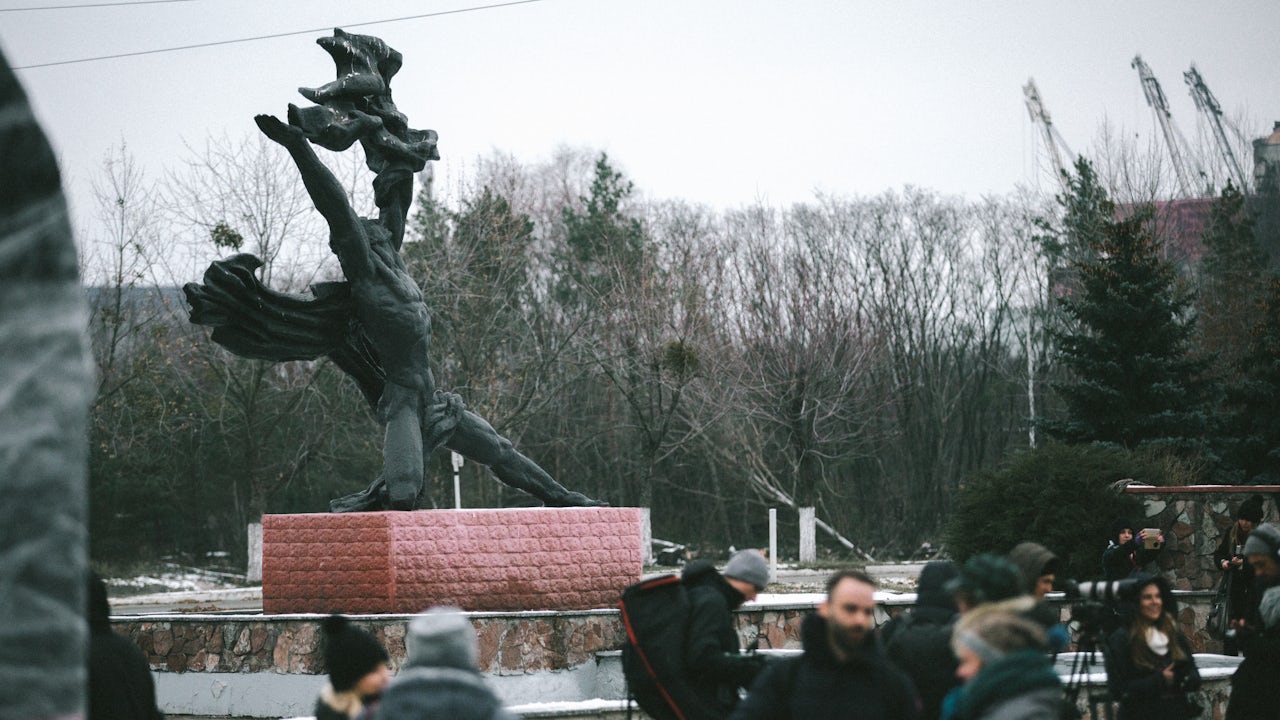 The Monument to Prometheus in the garden of remembrance, a few yards from the Chernobyl reactor.