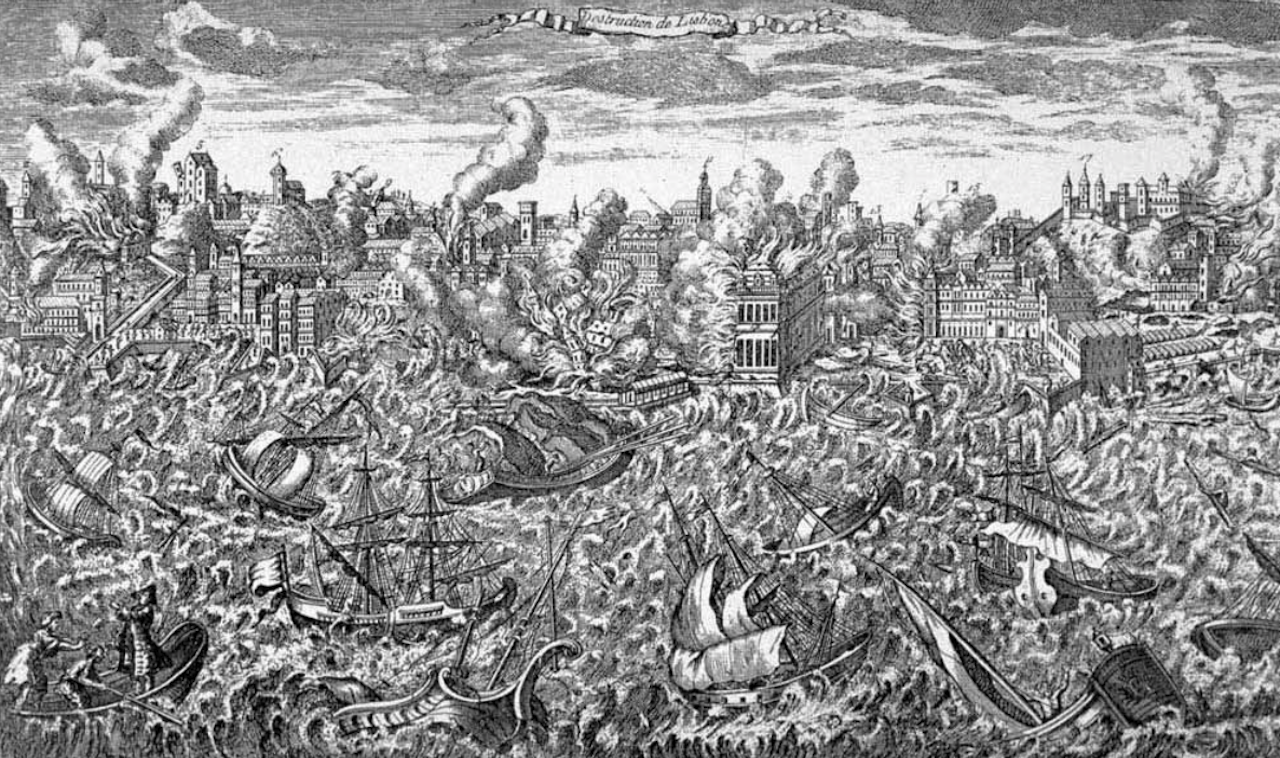 A 1755 copper engraving showing Lisbon in flames and a tsunami overwhelming ships in the city’s harbor.