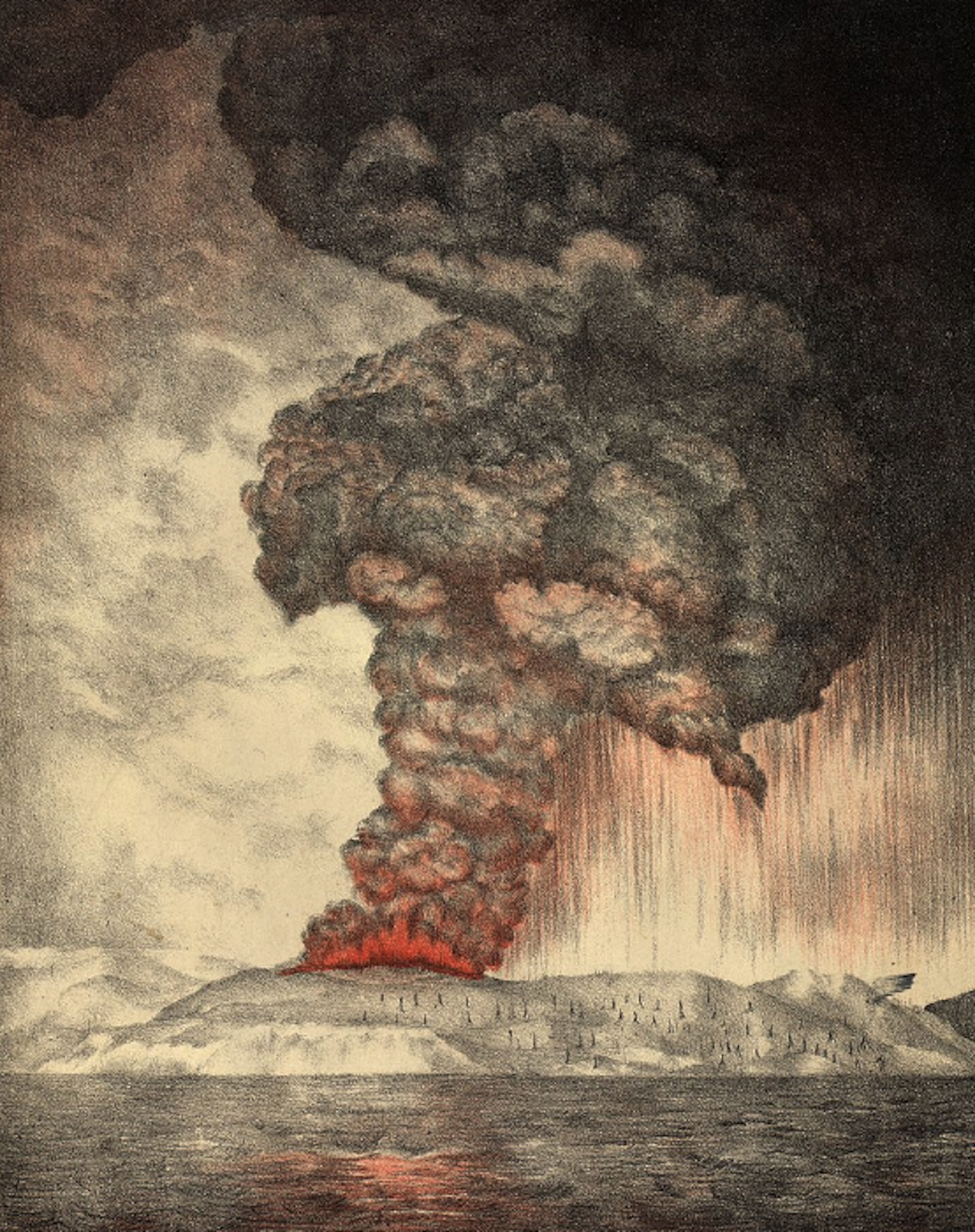 Lithograph of the 1883 eruption of Krakatoa (1888).