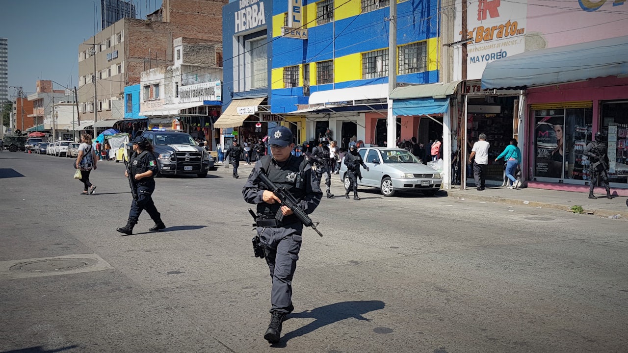 A police unit on a drug bust in Guadalajara