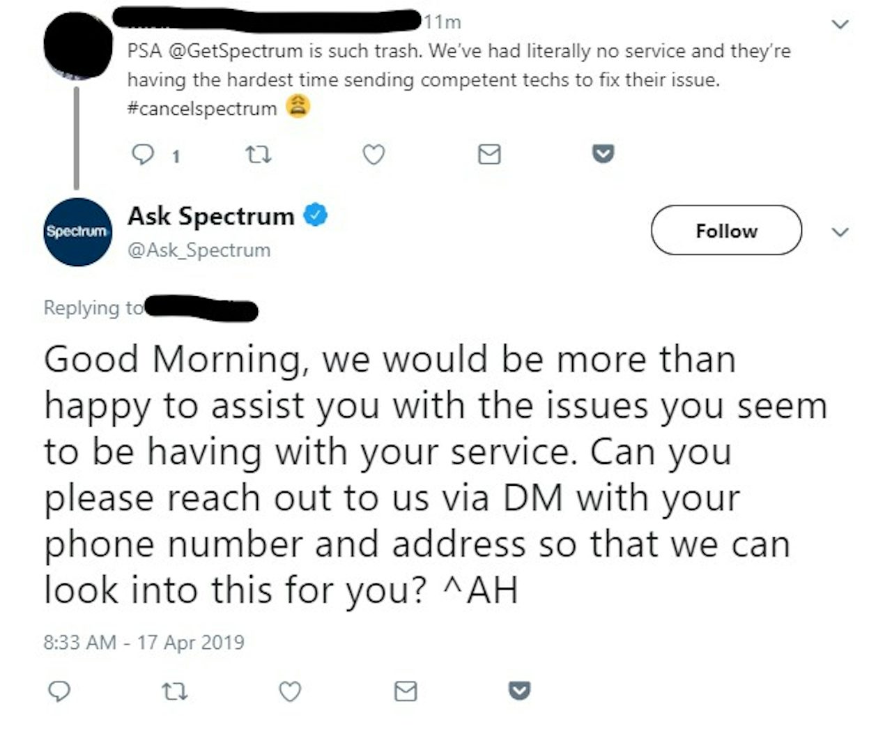 This is one of the nicer messages that @Ask_Spectrum has replied to recently.