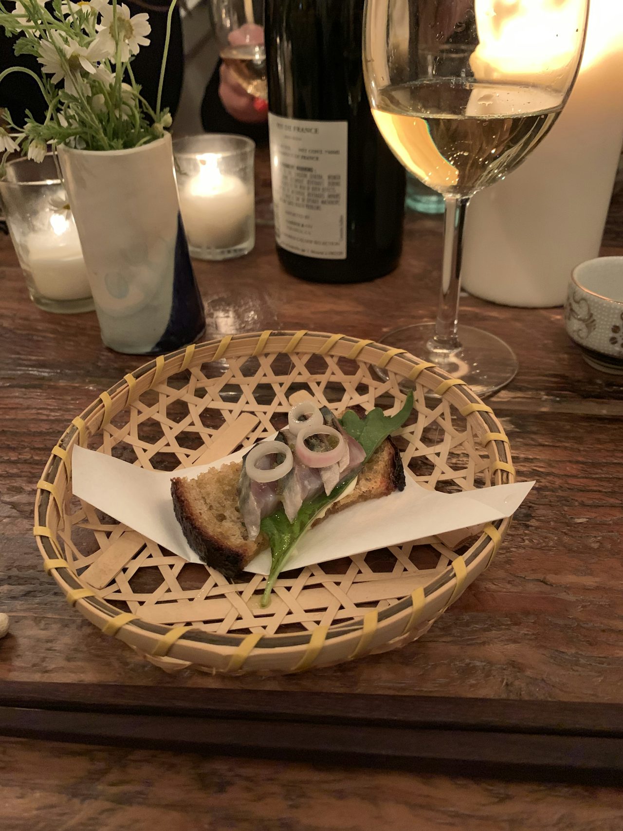 First course of sesame tofu and turnips on a buckwheat crostini.