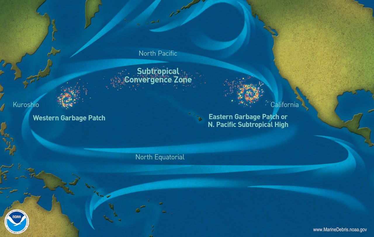 The National Oceanic and Atmospheric Association’s map of the Great Pacific Garbage Patch.