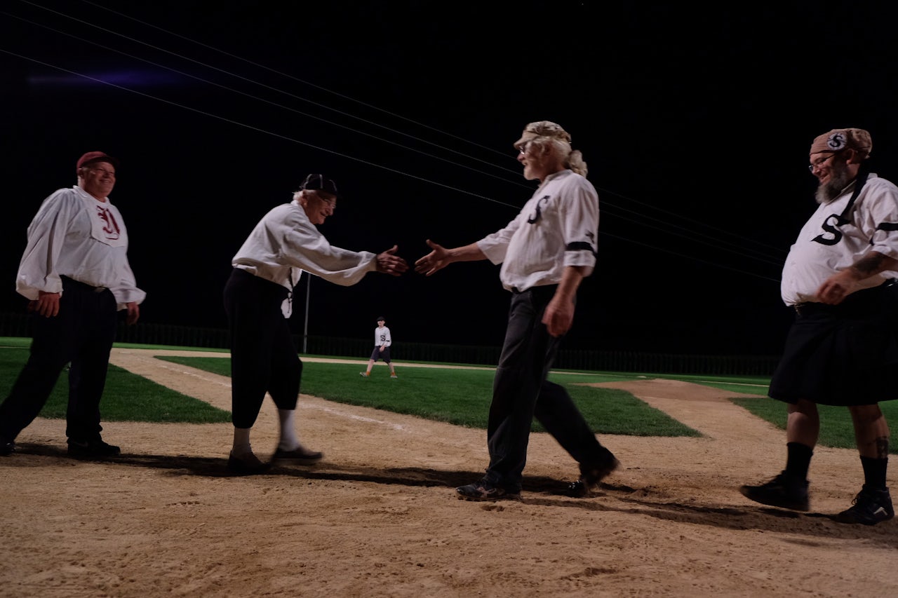 VBBA players share in a handshake line after the game. Players, who adhere to 1858 rules, are not supposed to high-five, because players didn’t until the late 1970s.