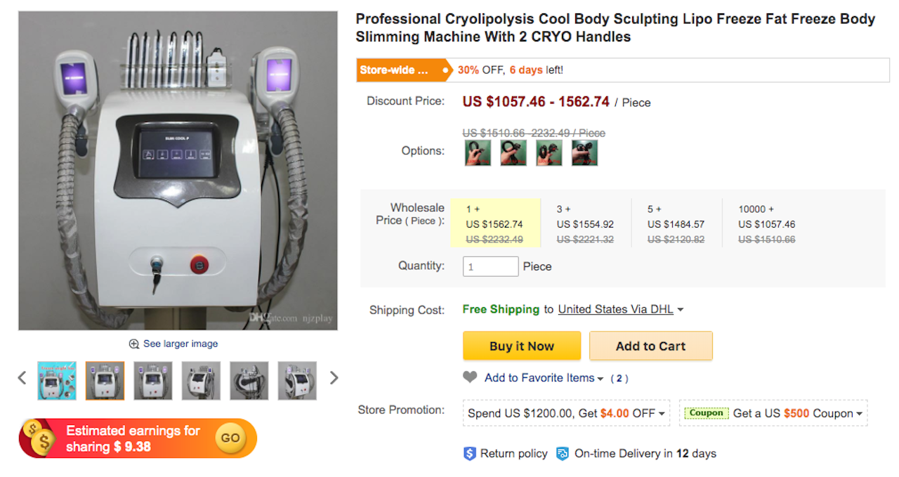 You can own a Cryolipolysis Cool Body Sculpting Lipo Freeze Fat Freeze Body Slimming Machine With 2 CRYO Handles for just $1,057.46. Use at your own risk.
