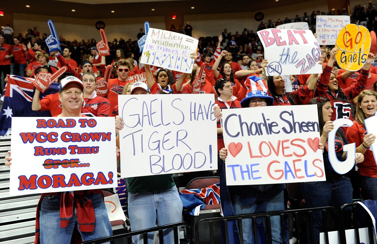 Saint Mary's Gaels fans hold up signs before the team's game against the Gonzaga Bulldogs in the championship game of the Zappos.com West Coast Conference Basketball tournament at the Orleans Arena March 7, 2011 in Las Vegas, Nevada.
