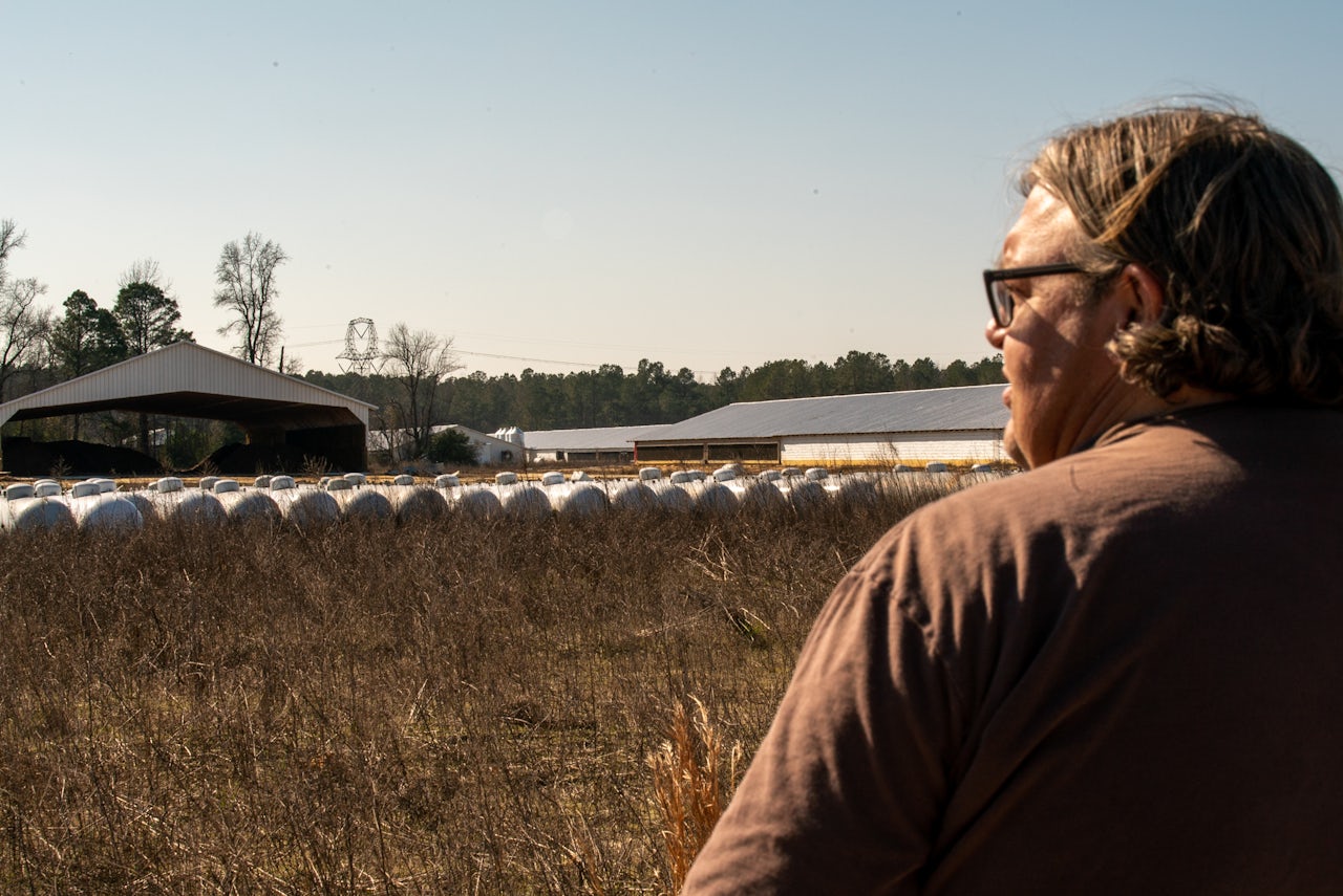 Jeff Currie points out the propane and waste storehouse on the Mountaire Chicken CAFO