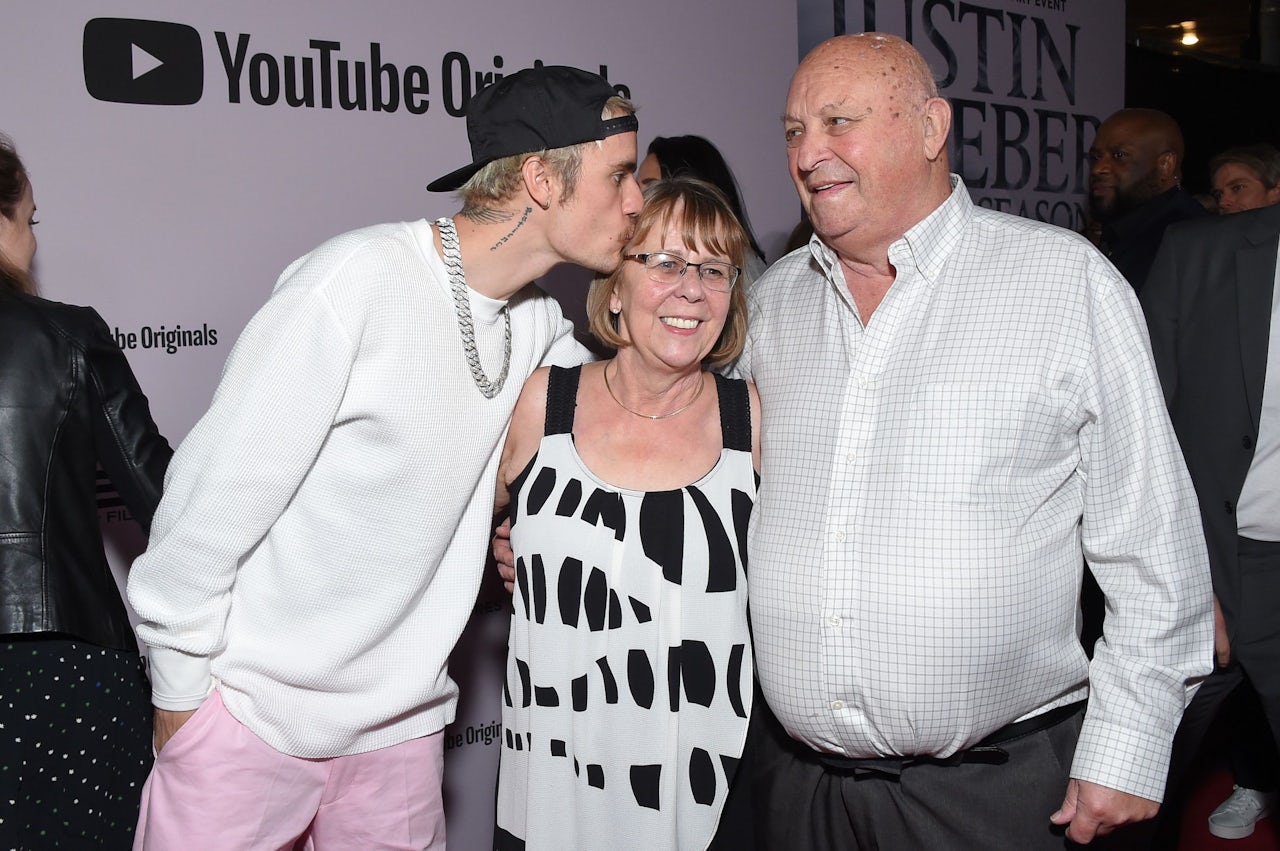 Justin Bieber with his grandparents, Diane and Bruce Dale, at the premiere of Justin Bieber: Seasons on January 27, 2020.